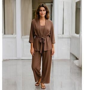 MONDI GALA Vintage Suit Set XL Satin Flowy Pants Belted Top‎ Jacket Dressy Event